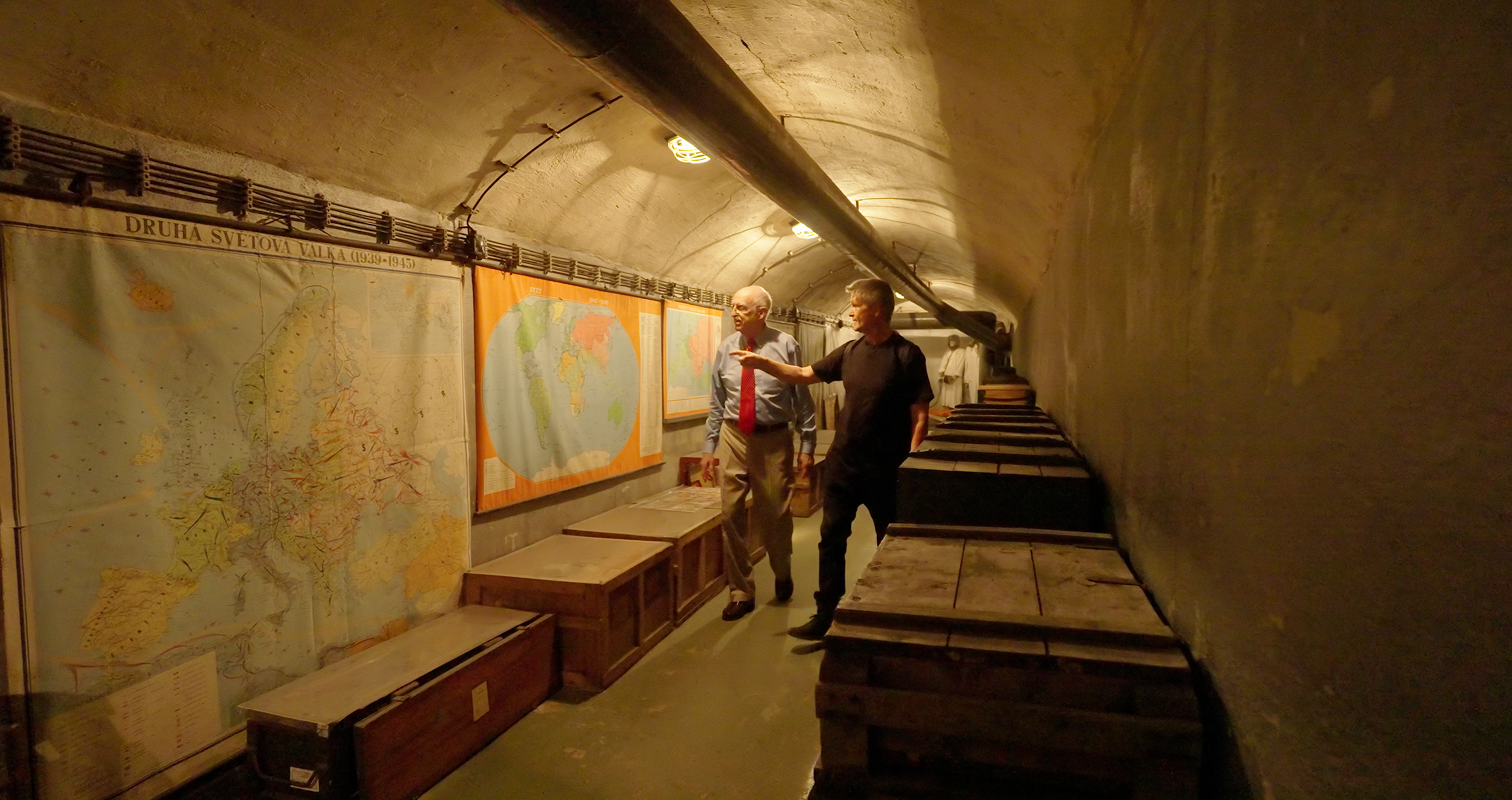 In We Hold These Truths, Ladislav Winter, Prague Guide, and Cold War Expert, leads Judge Ginsburg into a bomb shelter built in the 1950s. Credit: James Taylor.
